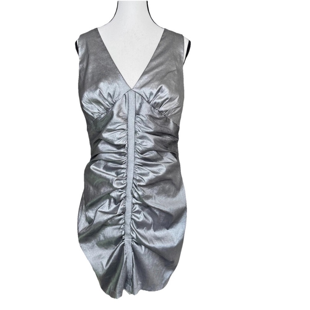Jessica McClintock Silver Metallic Ruched V-Neck Mini Dress 14 Lace Back Prom